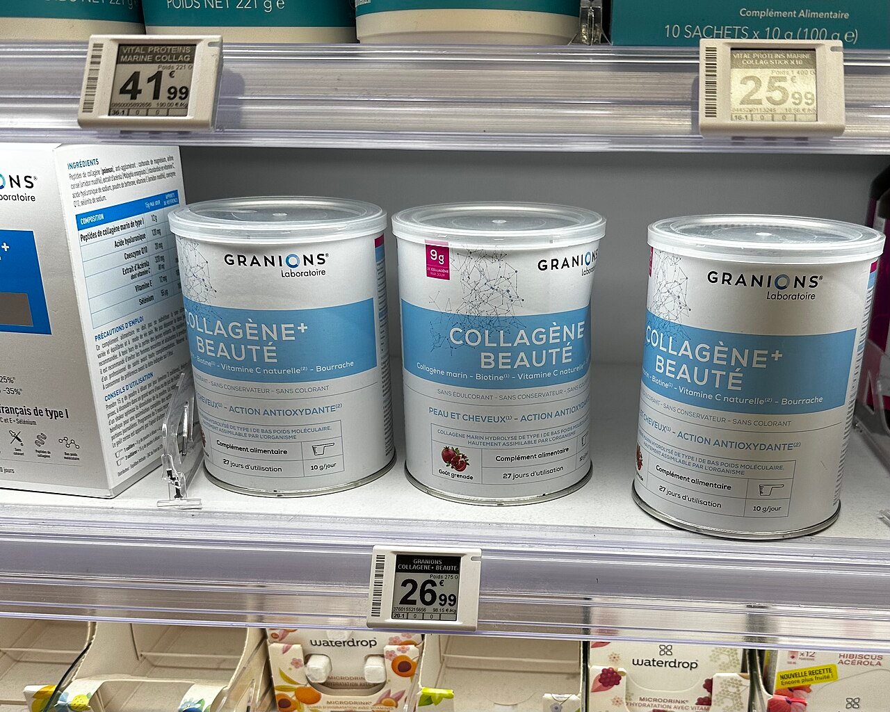 A collagen beauty product displayed in a pharmacy